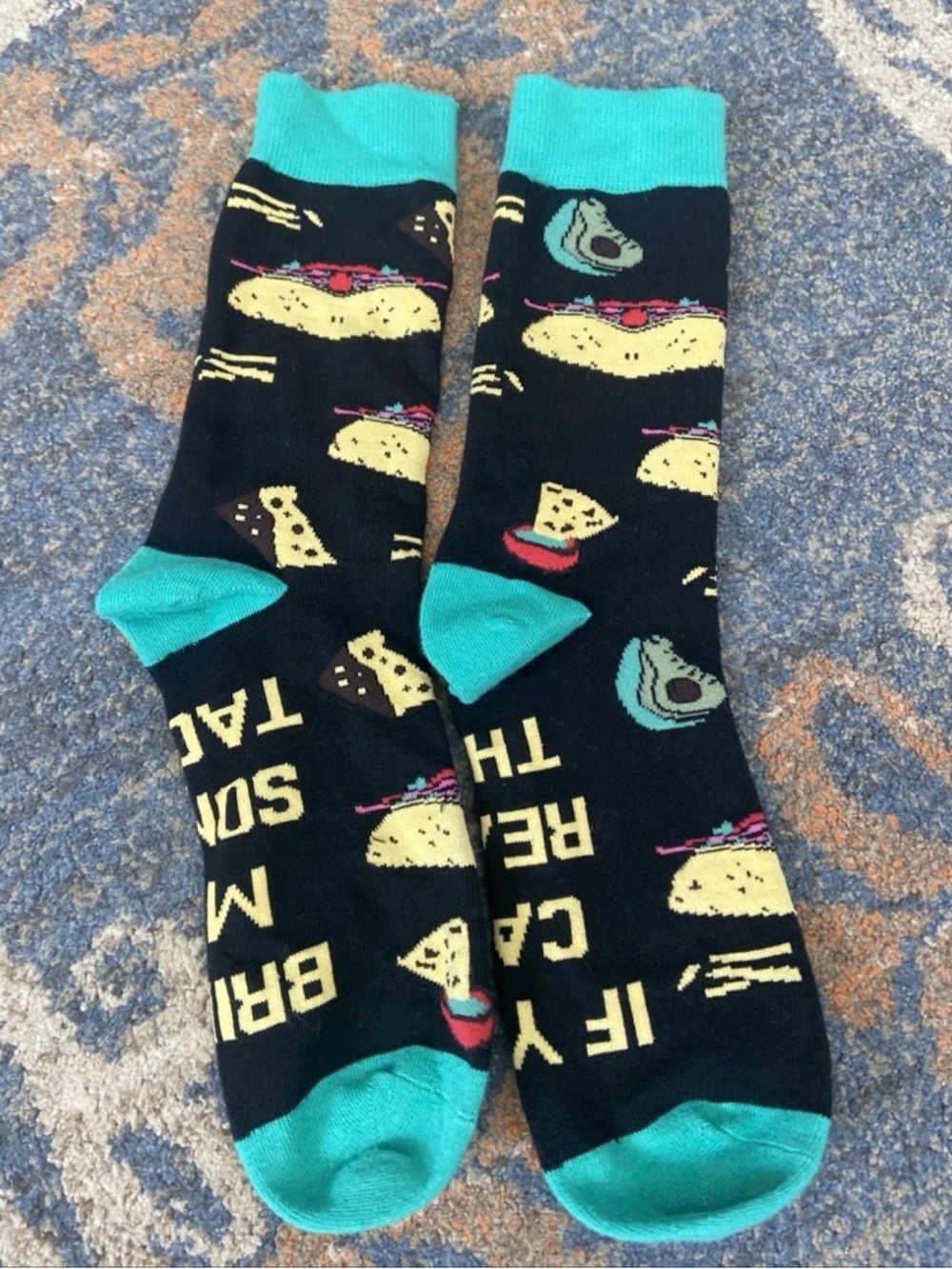 Men's Black Taco & Avocado Crew Socks - Teal Accents